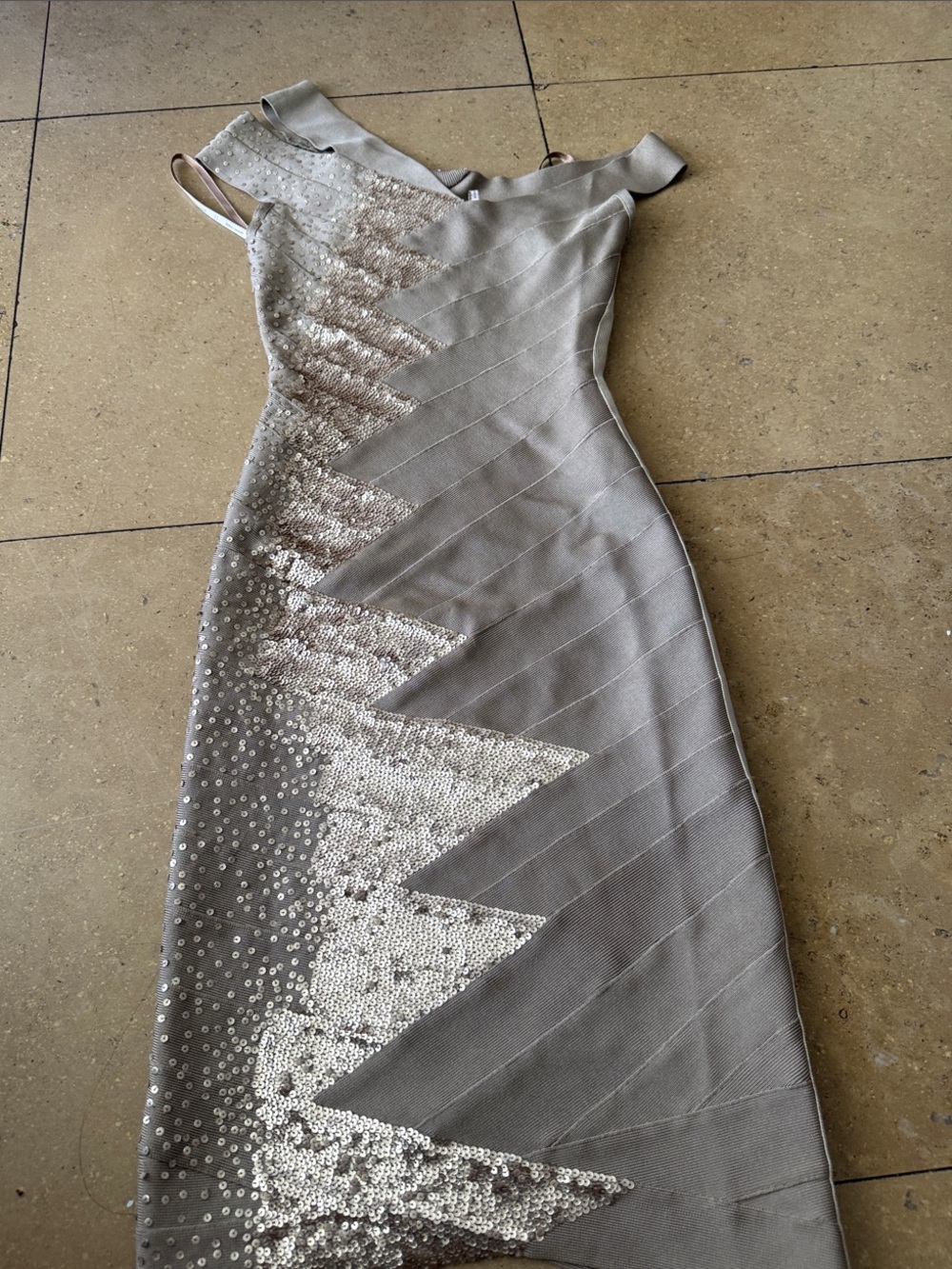 Herve Leger Silver Sequin Zigzag Midi Dress